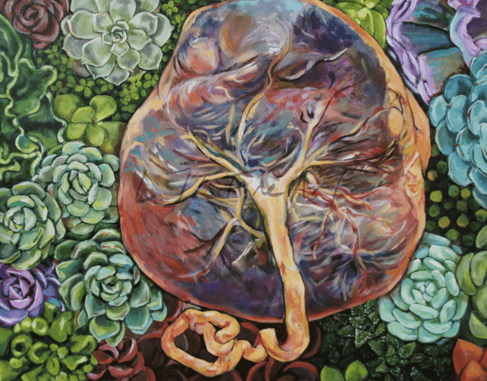 This painting features a placenta with succulents. The original painting has been sold in 2019.