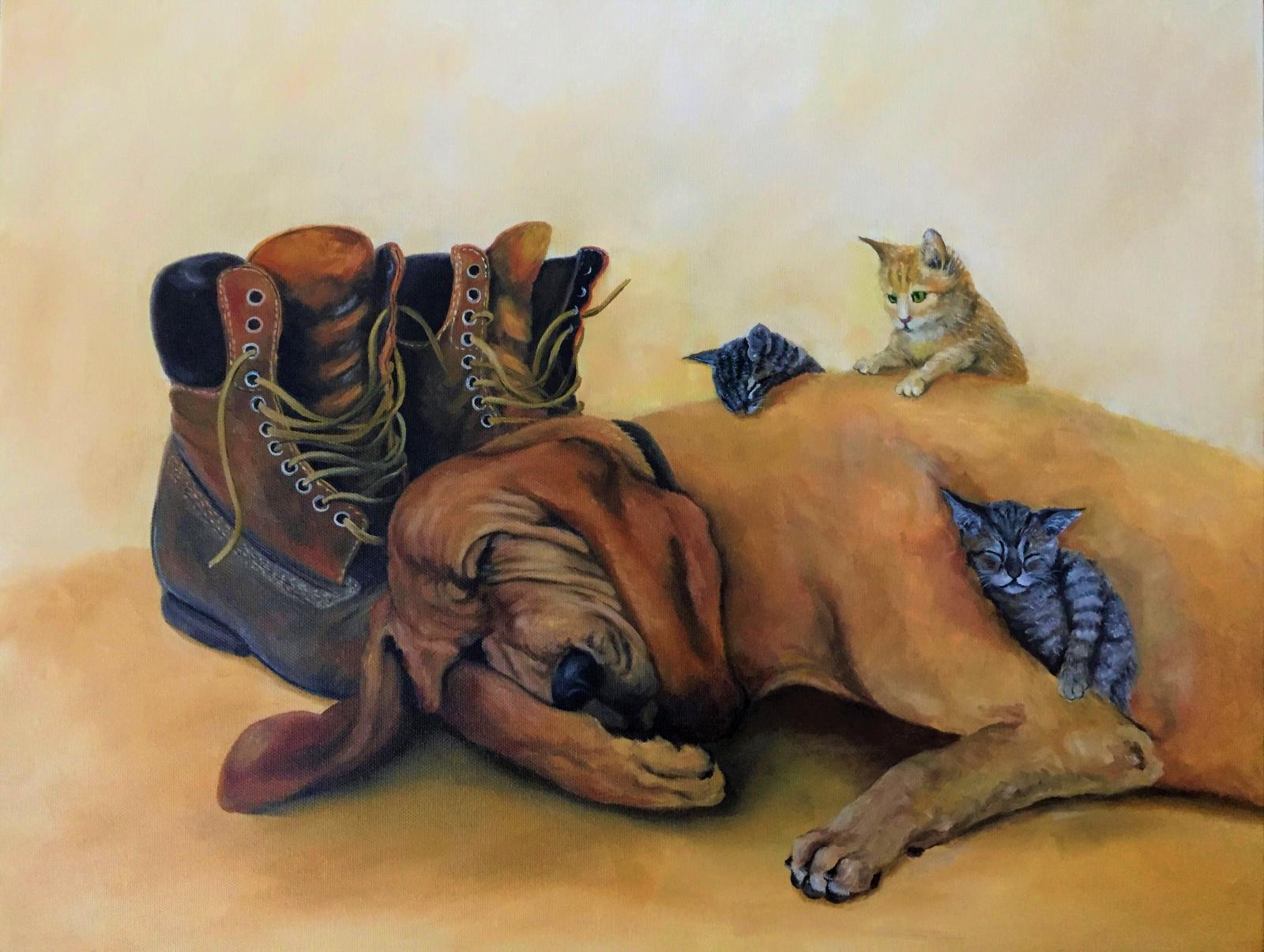 An oil painting,  16x20 canvas, of a hound dog sleeping with little kittens climbing and snuggling up to him.