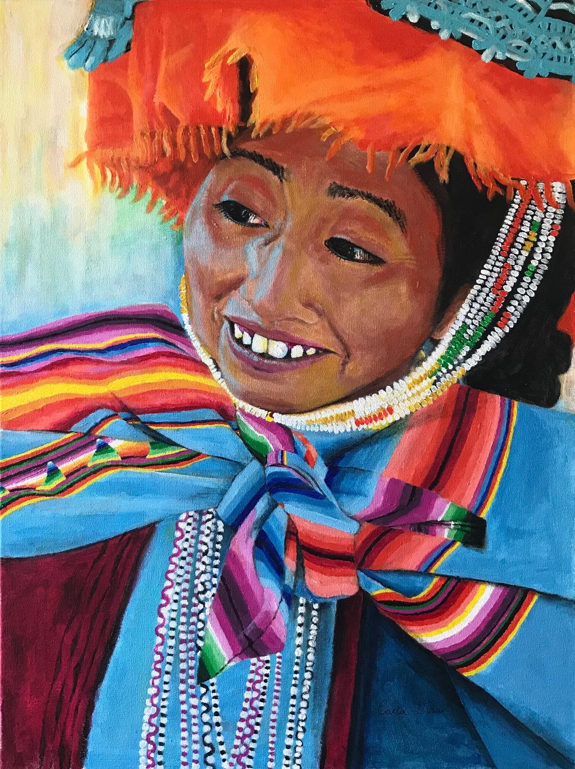 It's a smiling Guatemalan girl. She is a woman, with layers upon layers of clothing and fabric on her with a head piece also on her, traditional to Mexico and central America.