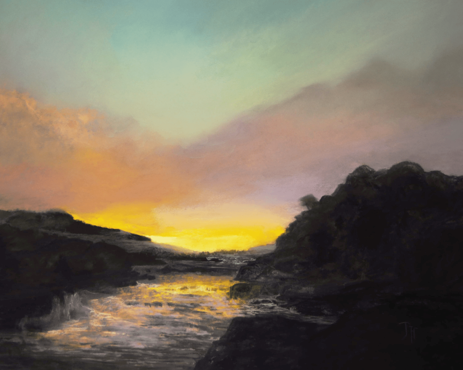 Turbulent river water rushing from a dawn sky