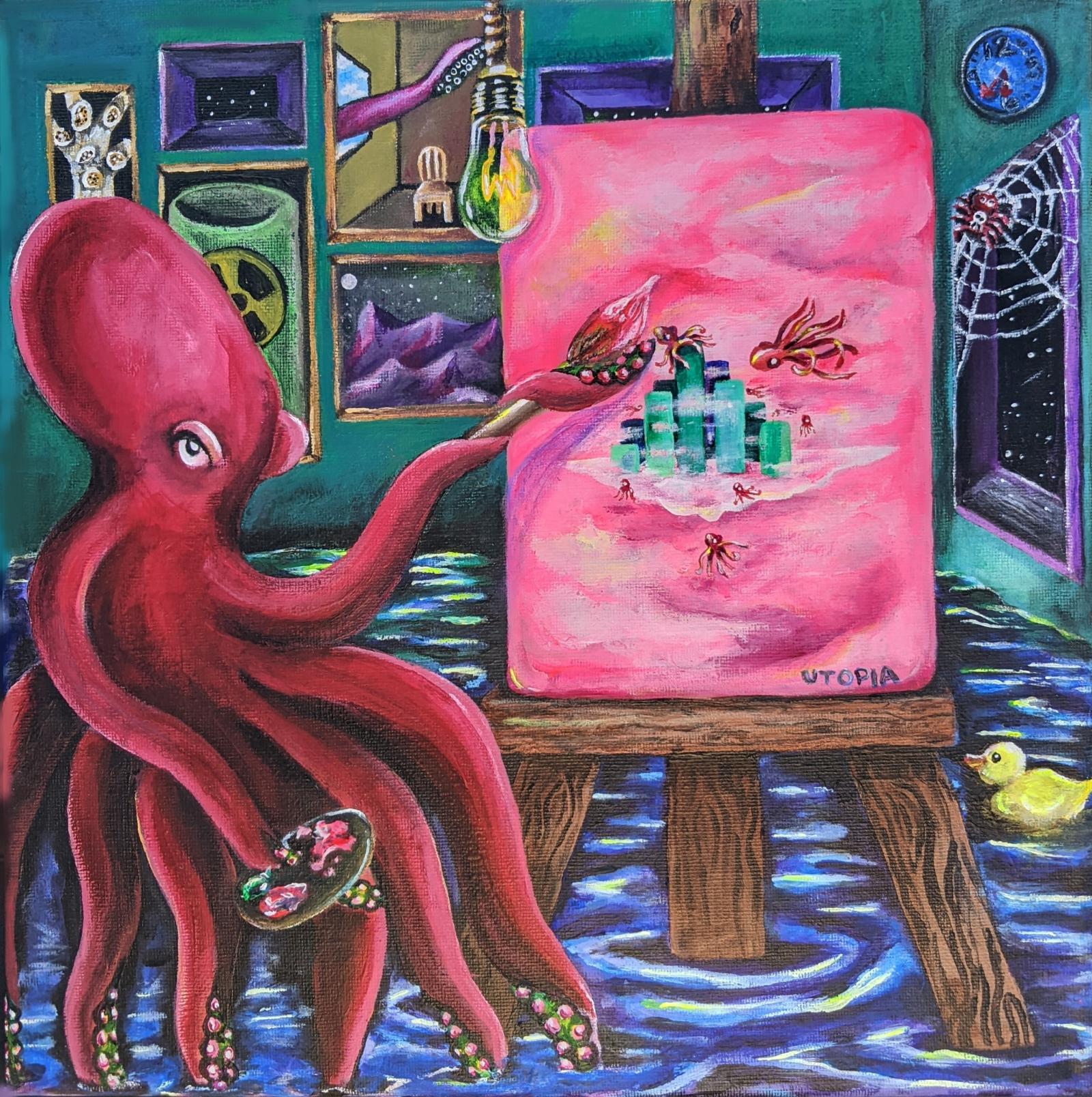 Evolutionarily, octopi are built the most strategically: they are merely a hand attached to a brain. Now that humans have destroyed their oceans, what kind of world would they imagine for themselves?
