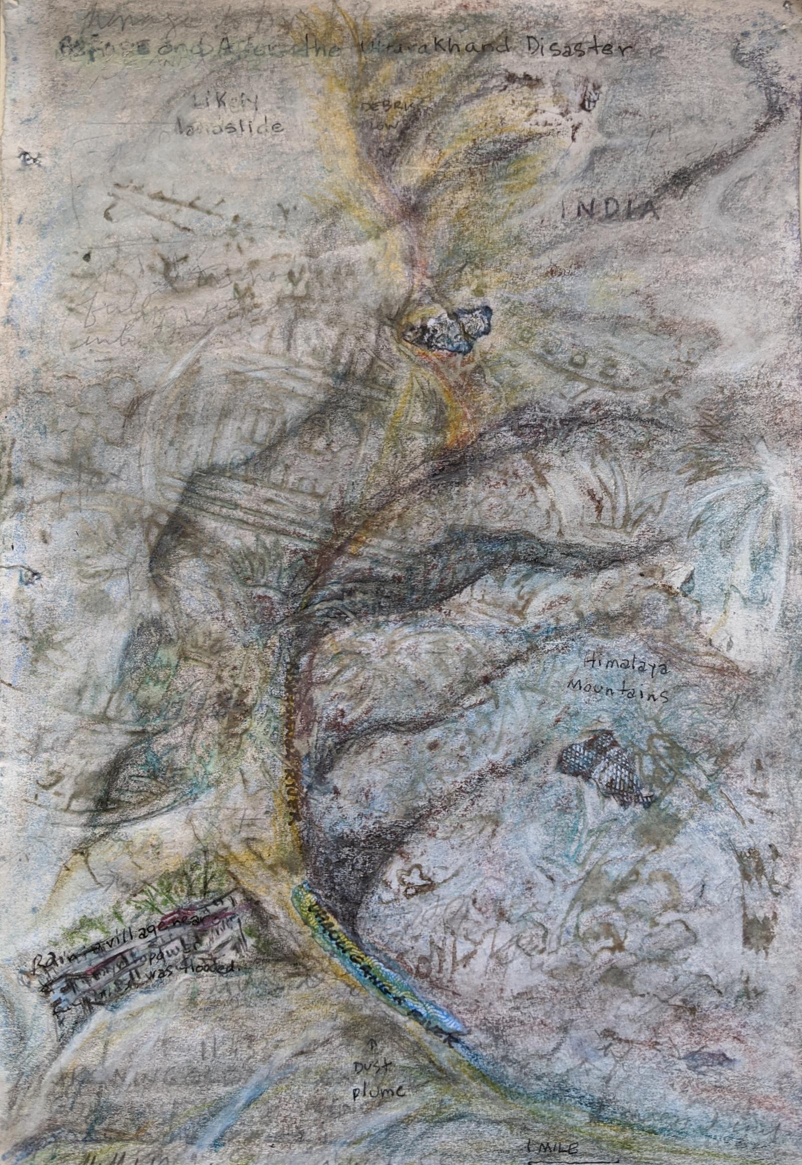 Drawing based on images of the "Uttarakhand Disaster", a disastrous flood resulting in landslides in the North Indian state of Uttarakhand on June 16, 2013. Over 5,700 people were reported killed; the number was later updated to 6,054 — that number could still be an undercount. At that time, it was considered to be the worst natural disaster in. India since the 2004 tsunami. There are many layers to this drawing: it began as notes from telephone messages received in an office, using government-issued pencils with old erasers; over those smeared and, perhaps, misheard messages parts of office envelopes that had patterns to obscure the contents of the envelope; over that, a drawing of lightning which was later erased; then, the drawing of the Uttarakhand Disaster, based on contemporary news reports with text describing the disaster and, finally, a rubbing of an antique wooden block, from India, that was used to print textiles.