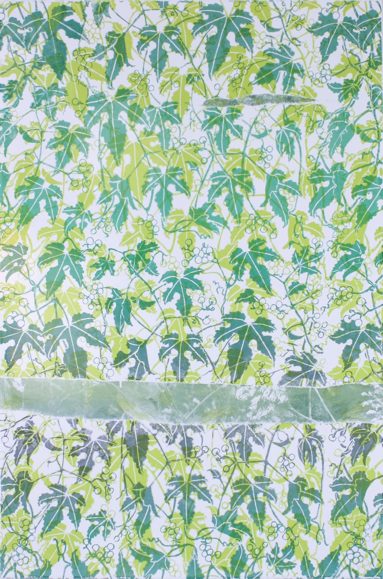 Screenprint monotype on paper, framed. Invasive porcelainberry pattern screenprinted in acrylic ink; imagery of native Thoroughwort screenprinted in natural pigments (indigo and weld lake) and binders.