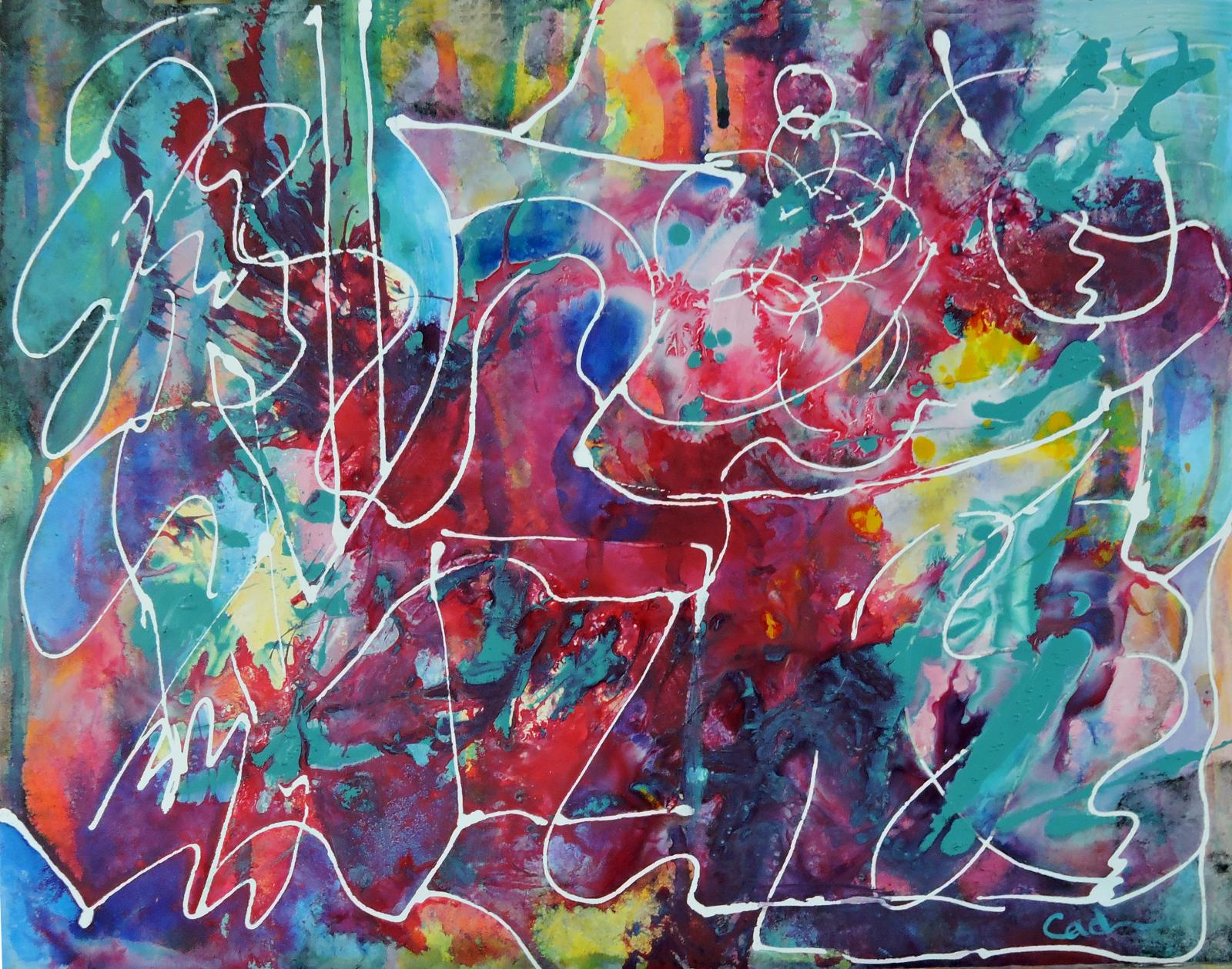 An abstract work with bright fluid acrylics and tar gel