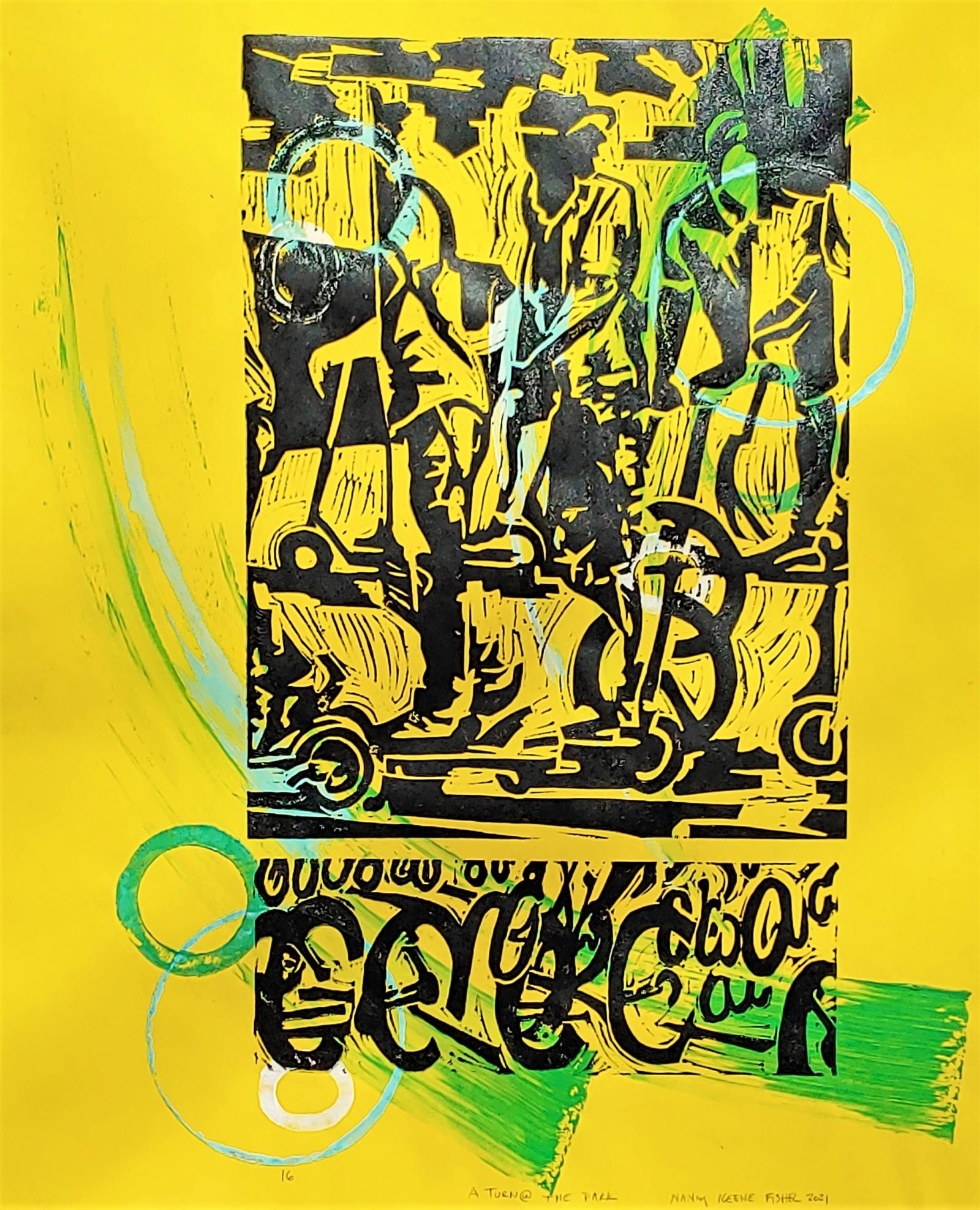 This is a block print created from 2 different block printed on fadeless paper that has been prepared with found object object prints and swooping brush strokes. As with many of my other prints, this is one in a series, created from choosing from 4 different printing blocks and arranging each composition separately. The images for the blocks were created by interpreting an original digital painting of the same name into prints.