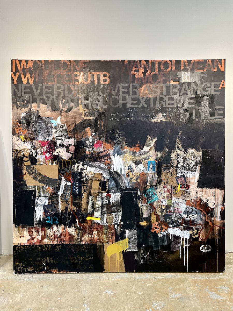 I wanted to create a large piece to this body of work - one that you feel as if you are standing in front of a wall of graffiti and urban story-telling. This painting is 6'x6' with a 2.5 profile on hand-stretched canvas. There were so many different mark-making techniques used to create this piece yet it seems so cohesive. The work tells a story of my new city, its a way for me to explore my new surrounding, which is much like NYC was in the 80s, where I draw inspiration from this series.