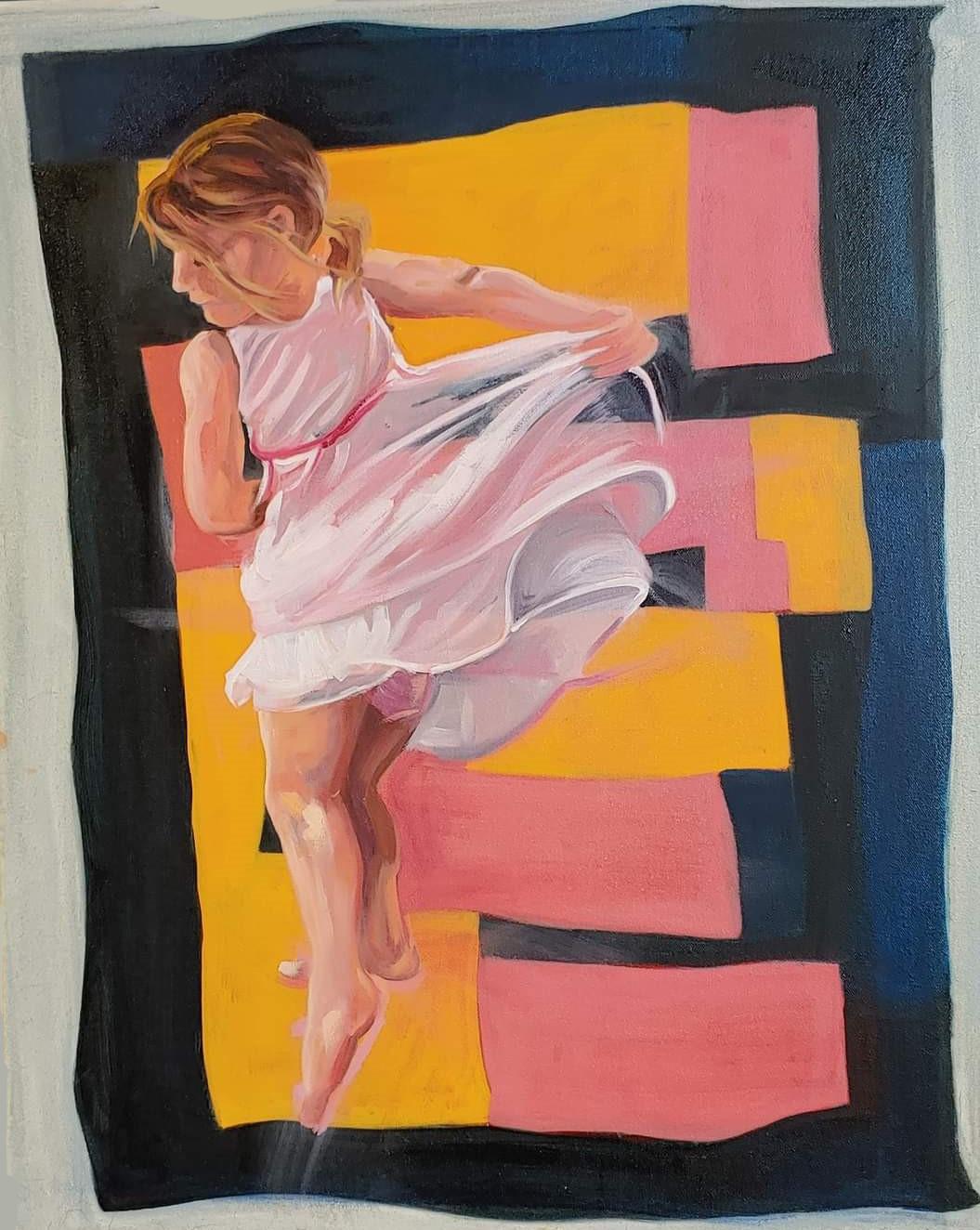 This painting is inspired by a trip to an exhibit of Gees Bend quilts, where my granddaughter got so excited with the graphic images, she began to dance in the gallery. This is one in a series based on that moment. This painting, along with the others in the series were originally planed by painting and photographing the quilt designs and then importing those images into Procreate on my iPad and superimposing a digital painting of dancing children onto the quilt designs.