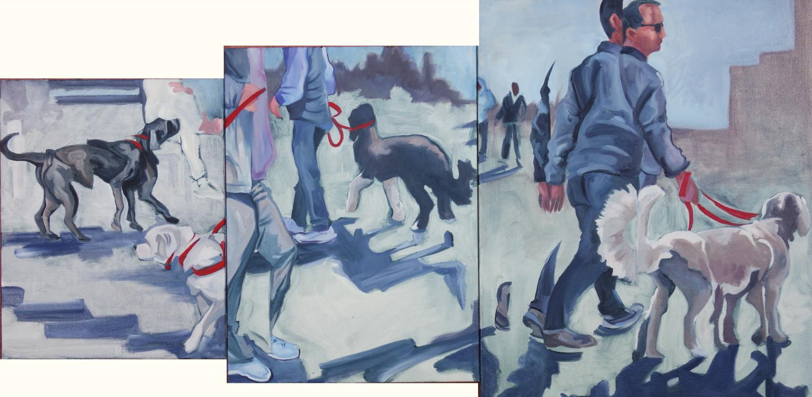 Triptych of varying sized canvases joined together to make an image reflecting the movement of dogs and their humans walking through space and time.