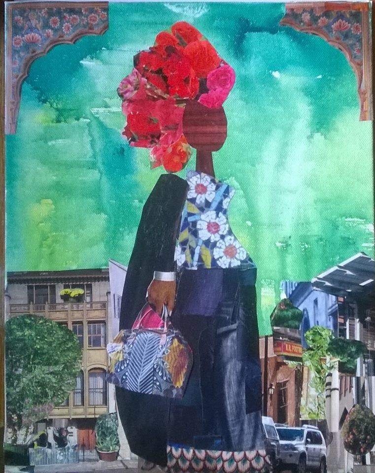 This is a collage I created using paper from magazines and the background is watercolor.