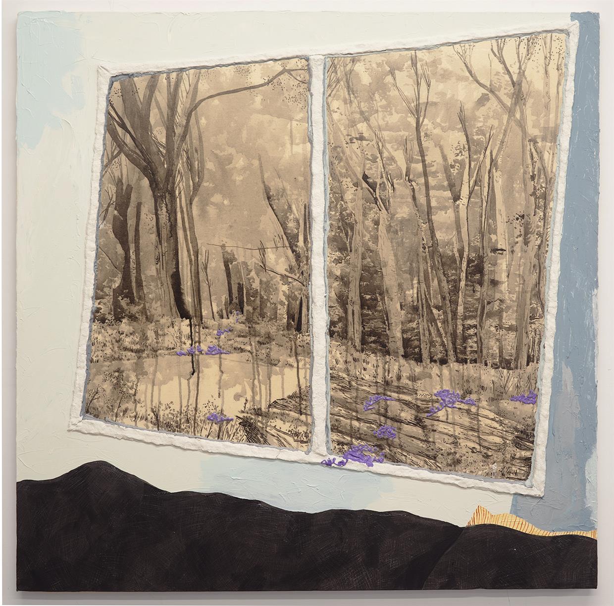 Acrylic painting with paper mâché 'window frame'. Part of the painting is made with ink wash on unprimed canvas. The 'sheets' at the bottom of the canvas are scratched into to create the texture of linen. 'Flowers' in the window are created by squeezing paint through a syringe.