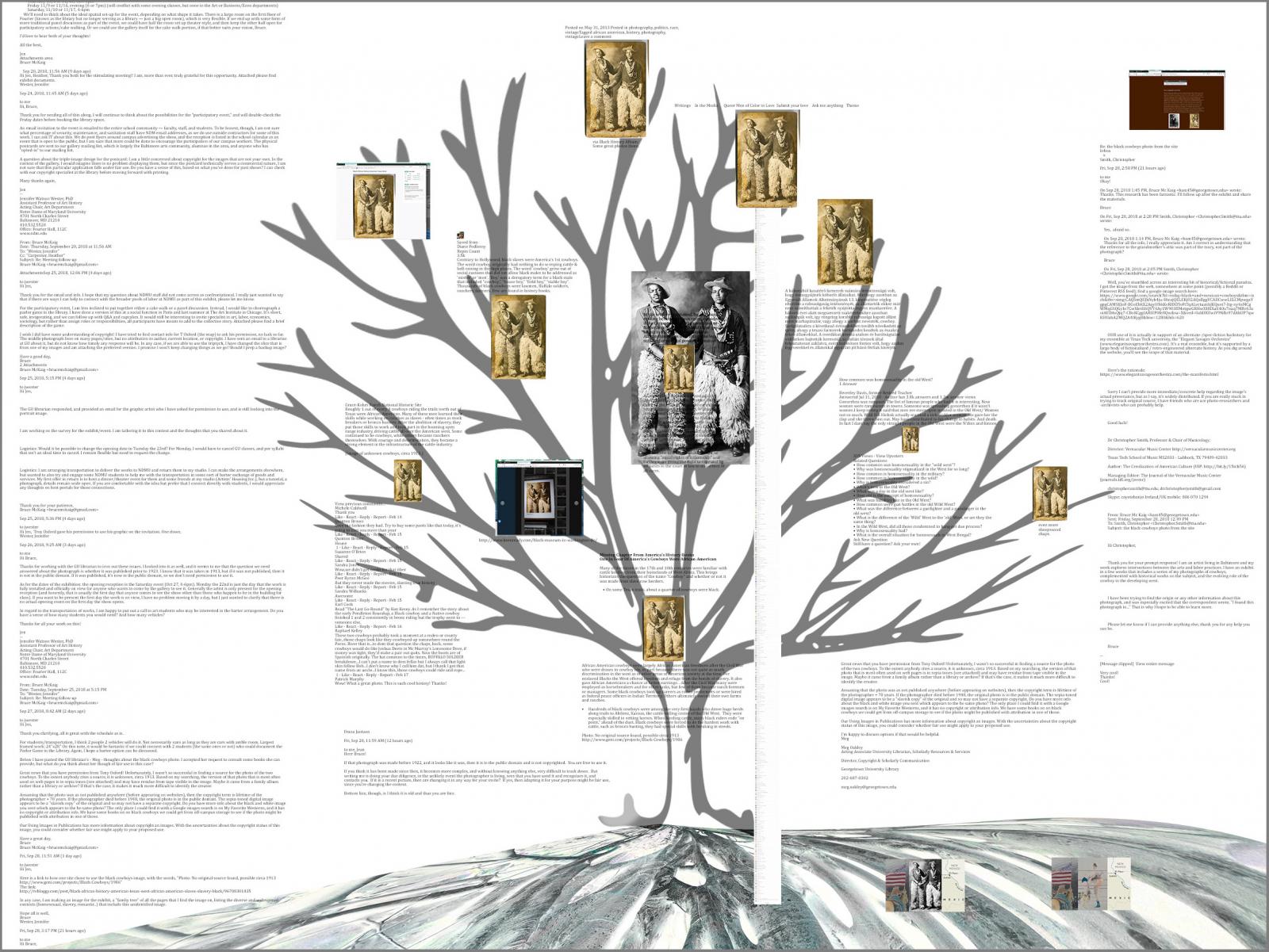 This graphic composite illustrates numerous claims on diverse websites about the origin of a b/w photograph . I wanted to use it as part of an exhibition at the Notre Dame of Maryland University (2018) but was unable to uncover it's copyright status. The graphic contains text from the websites as well as emails from historians, librarians, and archivists who tried to provide an answer. The message is about virtual identity and confusion. The photograph in question is usually titled, "Black Cowboys." It's actual origin is not confirmed.
