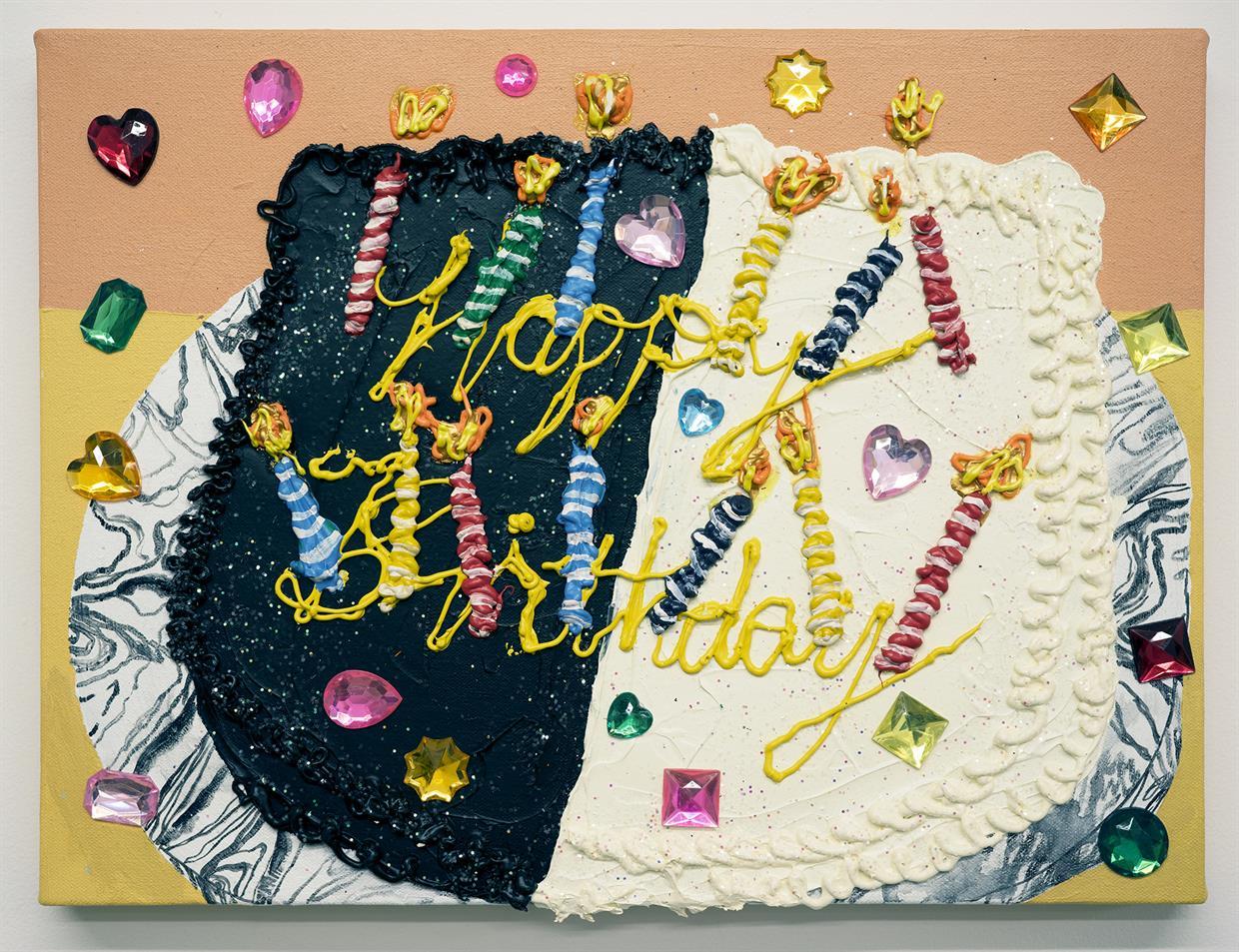 Acrylic painting with glitter and gems attached. Thick texture of paint is created by applying acrylic with syringe tubes.