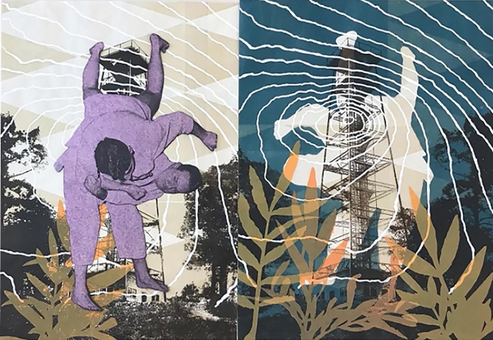 This print depicts our antagonistic relationship with the natural world by using images of wrestlers juxtaposed with weather patterns caused by climate change. My work is an investigation into our relationship with the natural environment, specifically our efforts to understand it, and possibly control it. I observe and research plant and animal evolution, survival mechanisms and habits, and how advancements in medicine both assist and interfere with these forces.