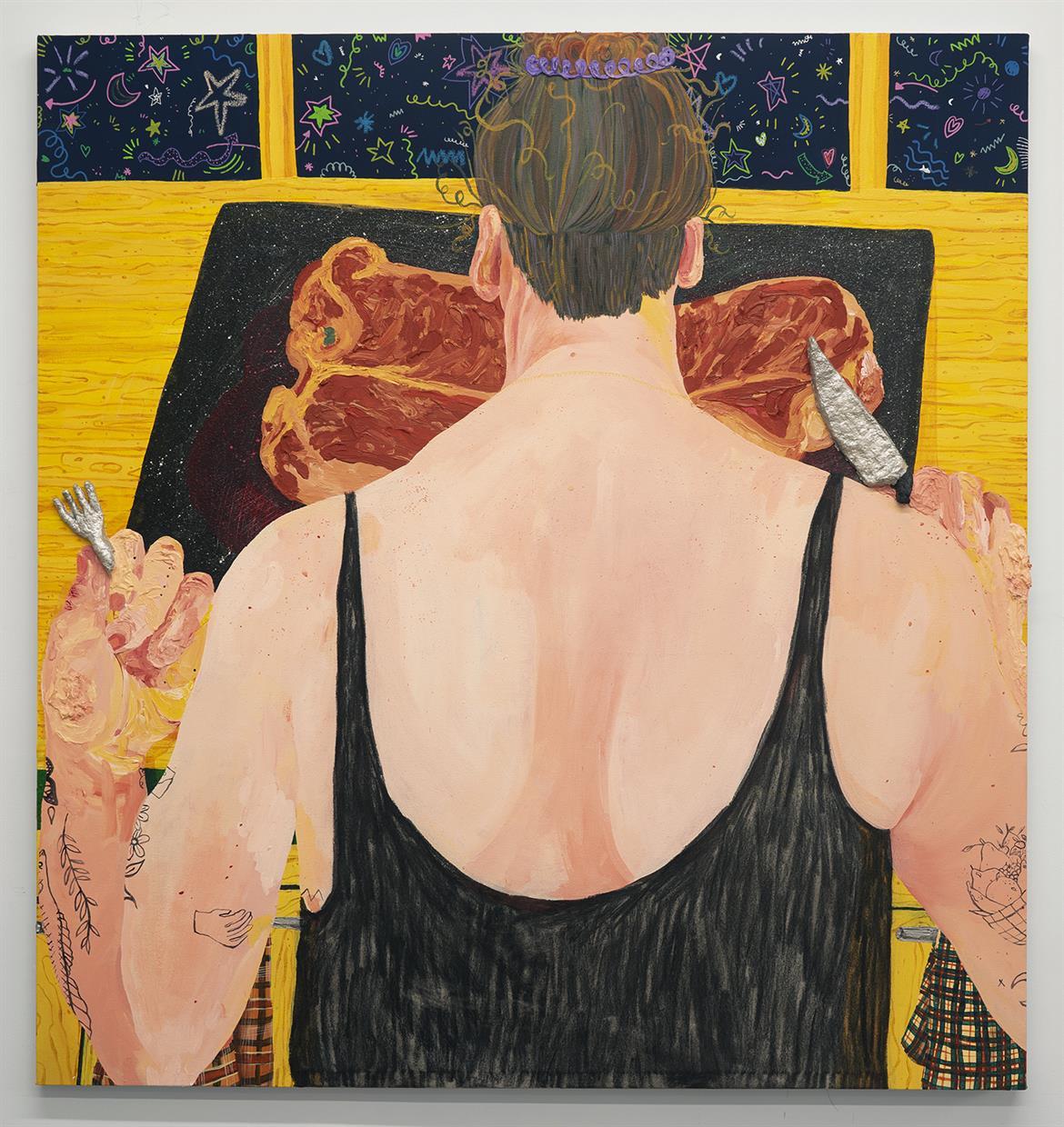 Acrylic painting with various techniques of mark making including charcoal rubbing, paint-marker doodles, gloss and matte finishes, and glitter. Fork and knife paper mâché sculptures are adhered to the canvas.