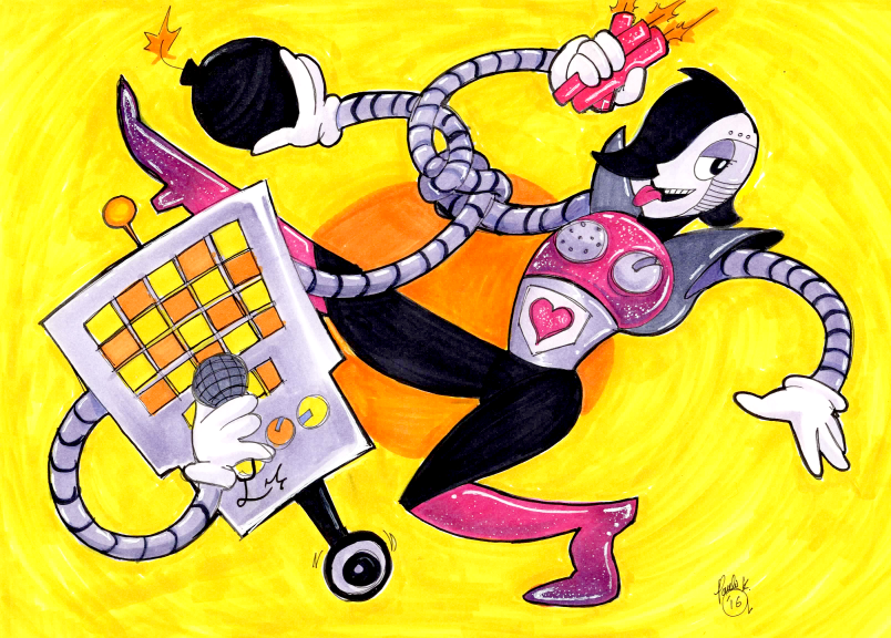 This piece was a commission for a friend of mine. It features Mettaton and Mettaton EX, characters from the video game "Undertale." Colored with Copic markers.