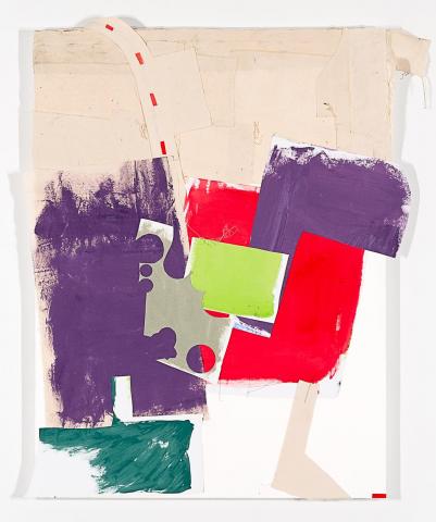 Painted collage of lavendar, lime, fluorsecent pink, and grey shapes