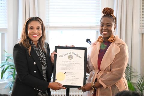 First Lady Dawn Moore presents Governor's citation to Maryland's 11th Poet Laureate Lady Brion