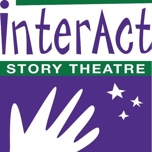 The InterAct Story Theatre logo is the company's name in dark purple and green. Underneath is a drawing of a white hand reaching toward three white stars on a dark purple background.