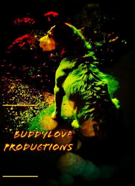 Dog in neon colors with BuddyLove Productions at the bottom