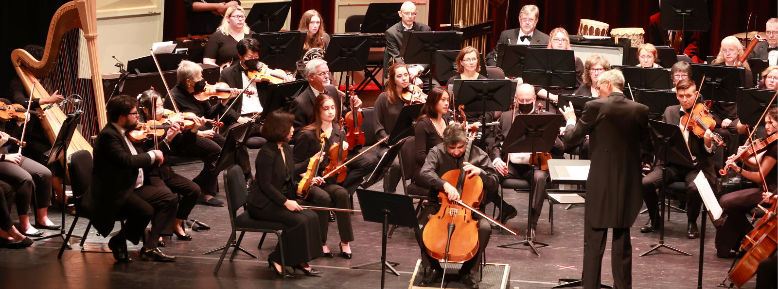 An orchestra is performing while the conductor looks at the cellist in the center.