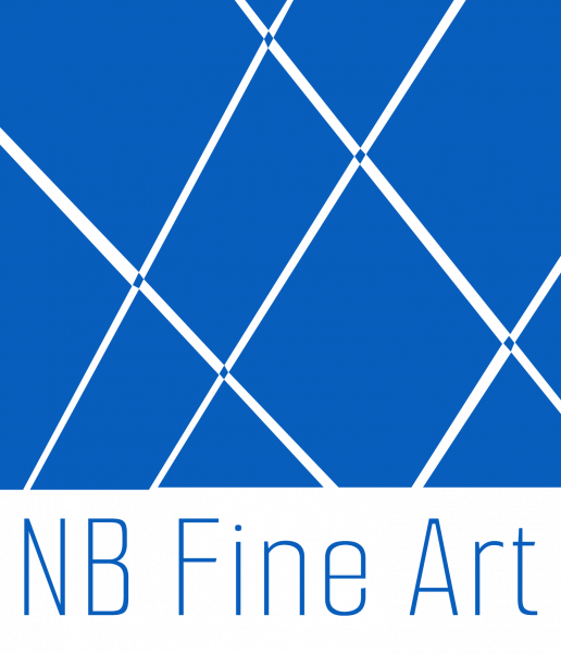Company logo with text in blue with abstract shapes