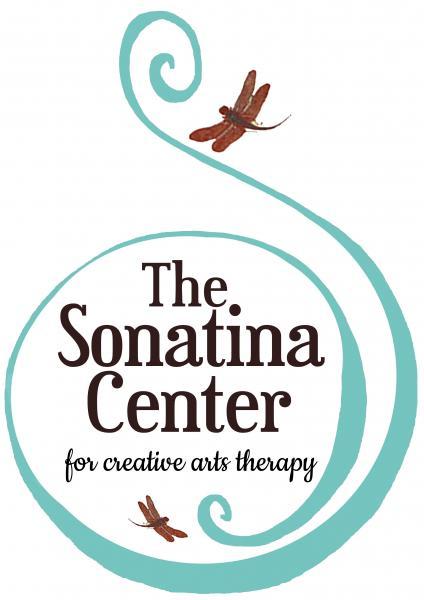 A logo that consists of a teal swirl that creates a circle. Inside the circle says "The Sonatina Center for Creative Arts Therapy" in black letters. Surrounding the teal swirl are two dragonflies.