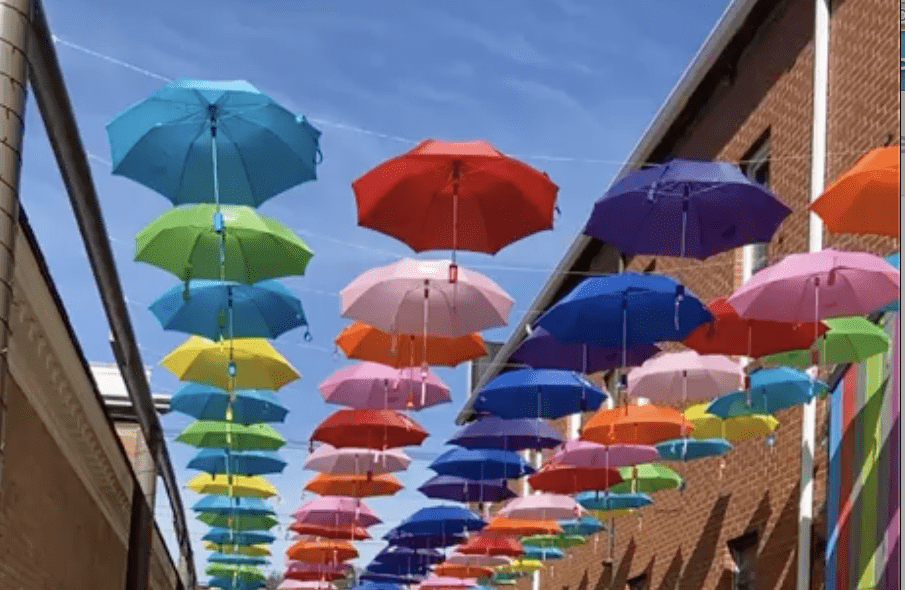 Oakland Arts and Entertainment District. Public art umbrella installment