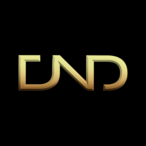 Logo featuring the letters “DND” in a bold, modern font with an angular design where the first "D" is squared, the "N" connects smoothly into the final "D," which is curved. The letters have a gold gradient effect with a subtle metallic shine, transitioning from light gold at the top to a warm bronze at the bottom. The logo is centered on a solid black background, giving it a sleek and luxurious appearance.