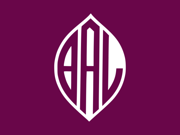 Letters BAL in a teardrop shape that is white. The background is a dark purple.