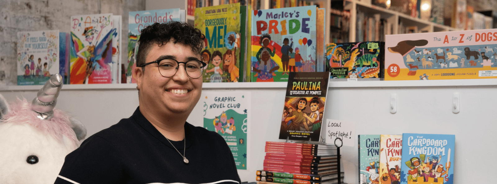 FY 2025 Grants for Artists recipient and writer, Barbara Perez Marquez, with her graphic novel on display at a local bookstore.