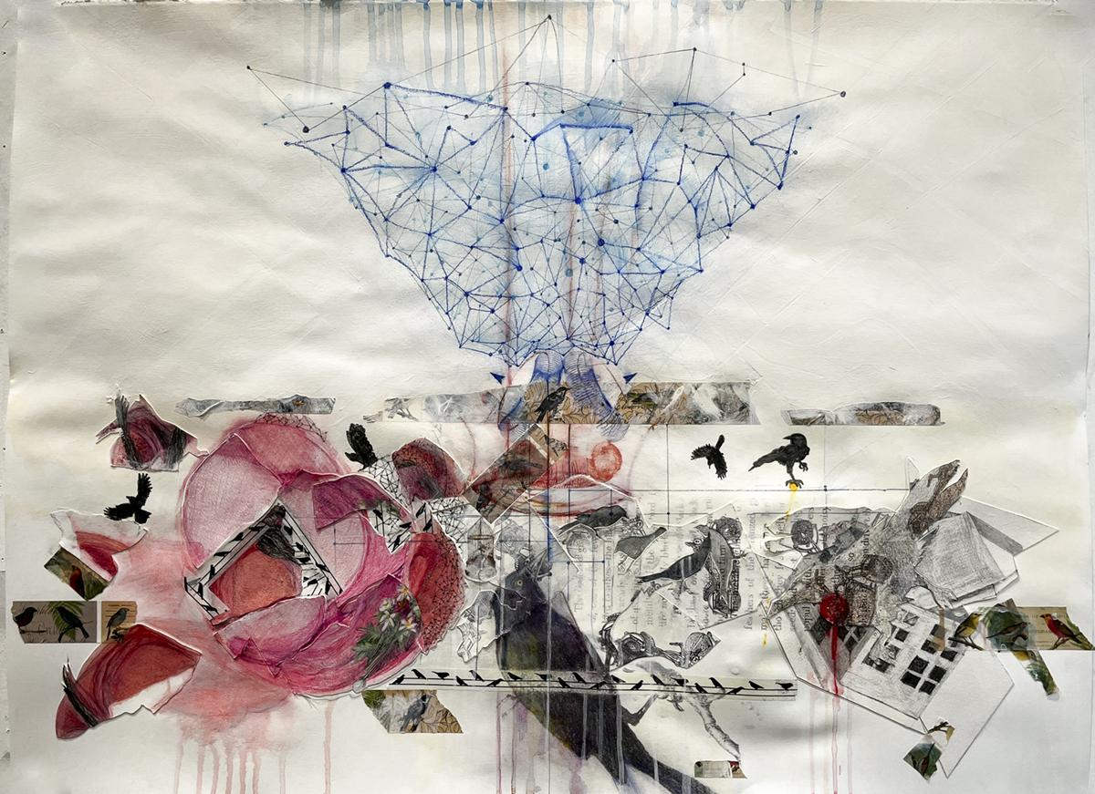 Mixed media work featuring deconstructed hats, birds, bird stickers .