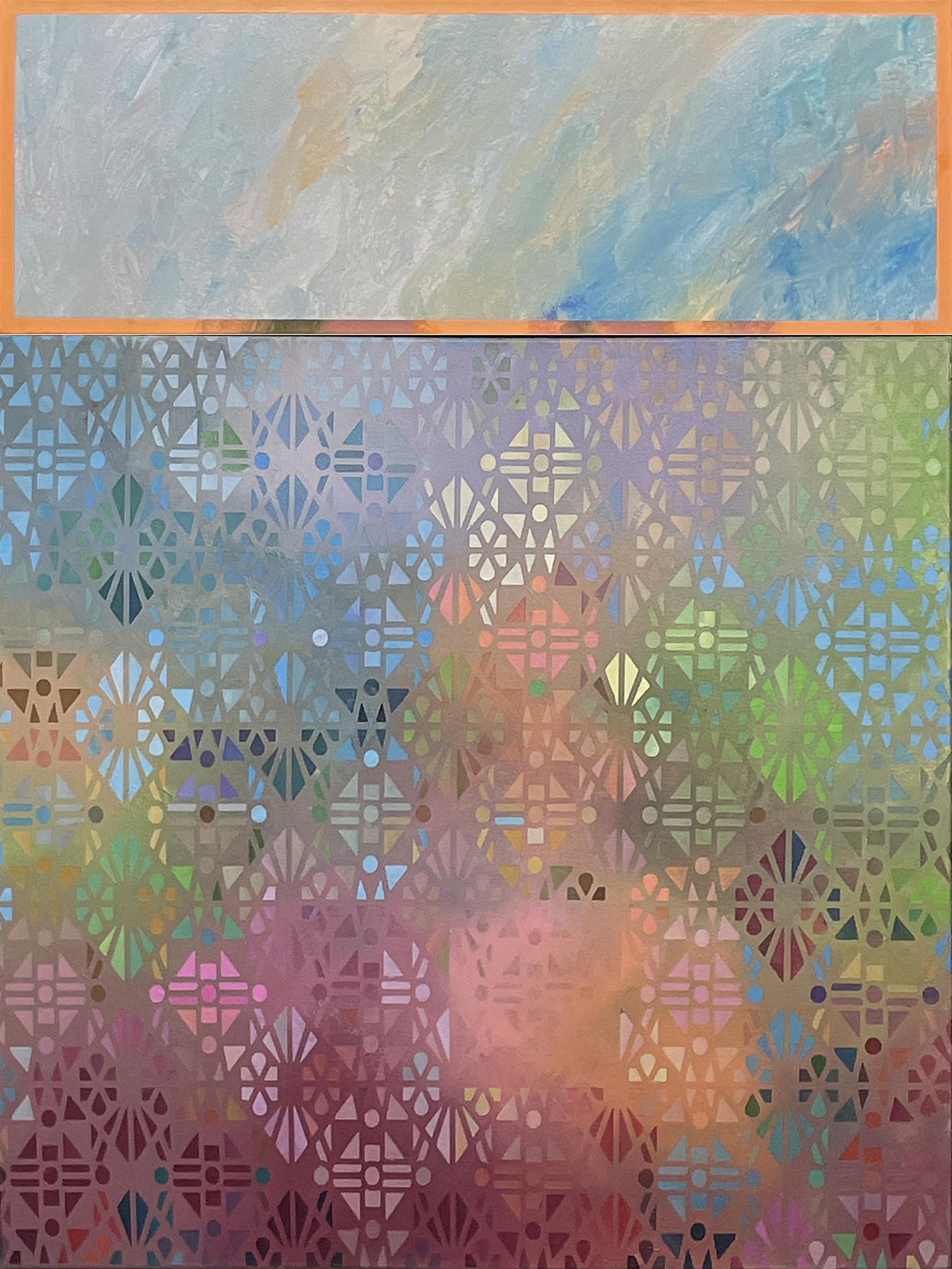 All-over design of multi-colored, hard edged pattern of one canvas contrasted to blended colors of second canvas