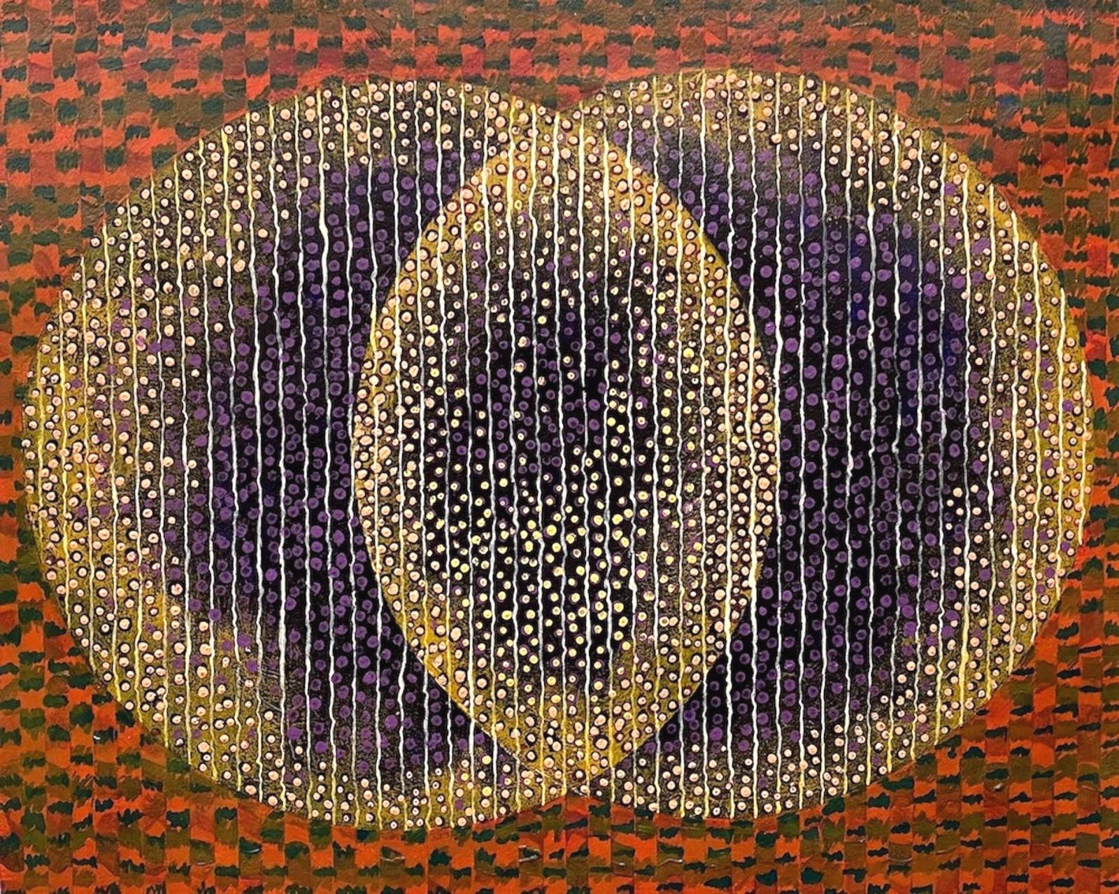Abstraction dealing with the formal issues of painting with the focus on pattern.
The work plays with the suggestion of a portal into another realm of reality.