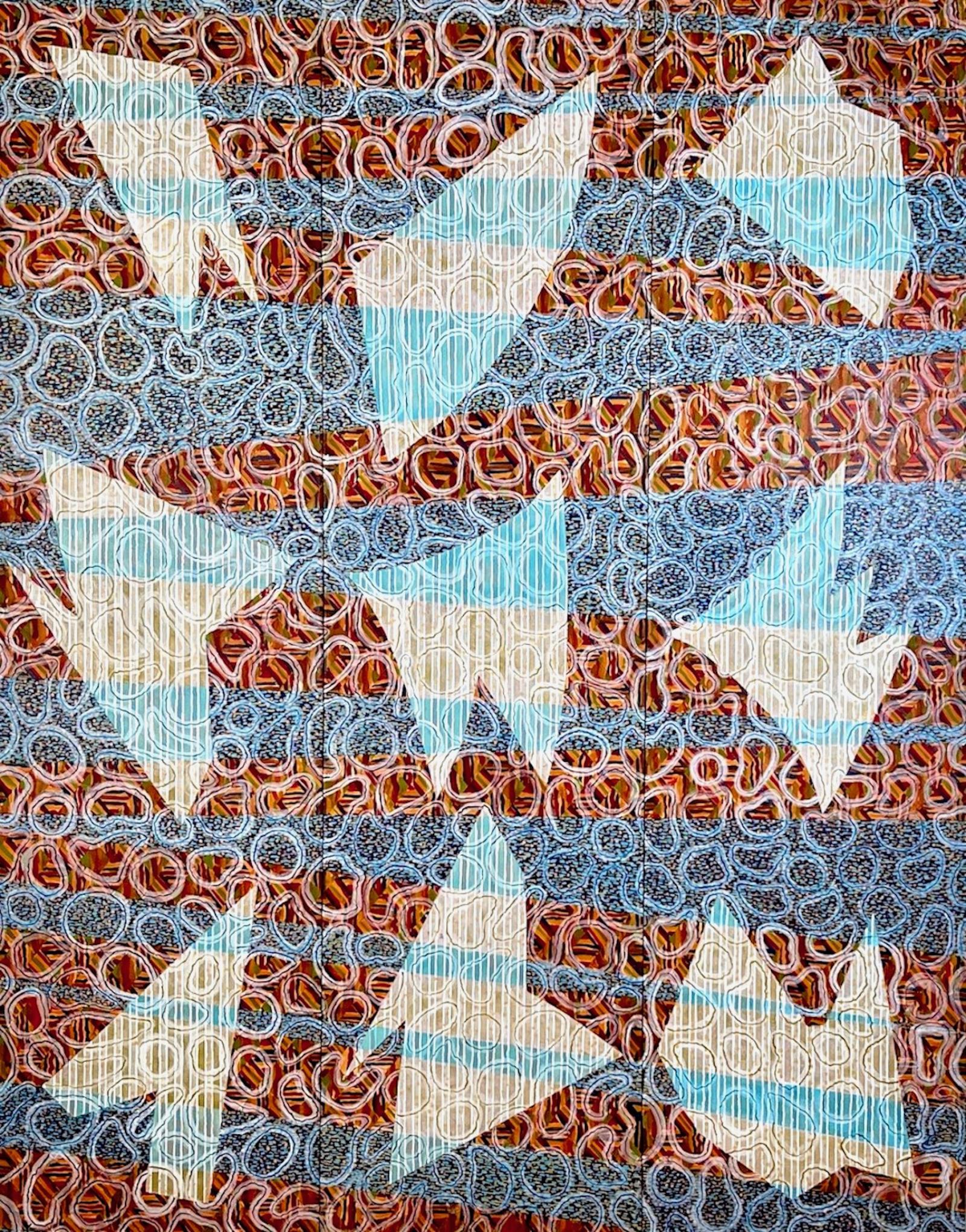 Abstraction dealing with the formal properties of painting. This triptych suggests pieces of imagined shaped floating over a patterned field. I was suggesting that things change over different circumstances. The over laying of patterns are an abstraction referring to similar ideas being completely different when one looks at the background they are placed upon.