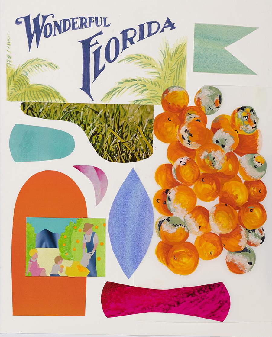 By the late 1930s the citrus growing market in the US had reached its pinnacle output and, wanting to capitalize profits, advertisers focused on the “healthfulness” of their product. Sunkist’s 1938 coloring booklet, The Land of Oranges and Lemons was designed with mothers and teachers in mind. Mirroring the Jack and Jill trope, it depicts two children who visit their Uncle Jim, a worker in the Sunkist factory. Jim tours the children around as they learn about the people who contribute to their morning orange juice. Throughout the text, the advertisers extoll the health benefits of citrus and users are invited to chart their children’s height and weight on the last page.

This collage series combines small watercolor collages based on drawings from the booklet with aspects of the citrus manufacturing process, contemporary and historical advertisements, as well as depictions of common ailments facing citrus today due to climate change and the increased prescience of pests. Although the booklet was created as a toy for children, the phrasing of the narrative has a different meaning in 2022. Uncle Jim tells the children “There is no rain in California in the summer. The water comes from the mountains,” foretelling that many of the challenges of growing citrus in the U.S. have been with us all along.
