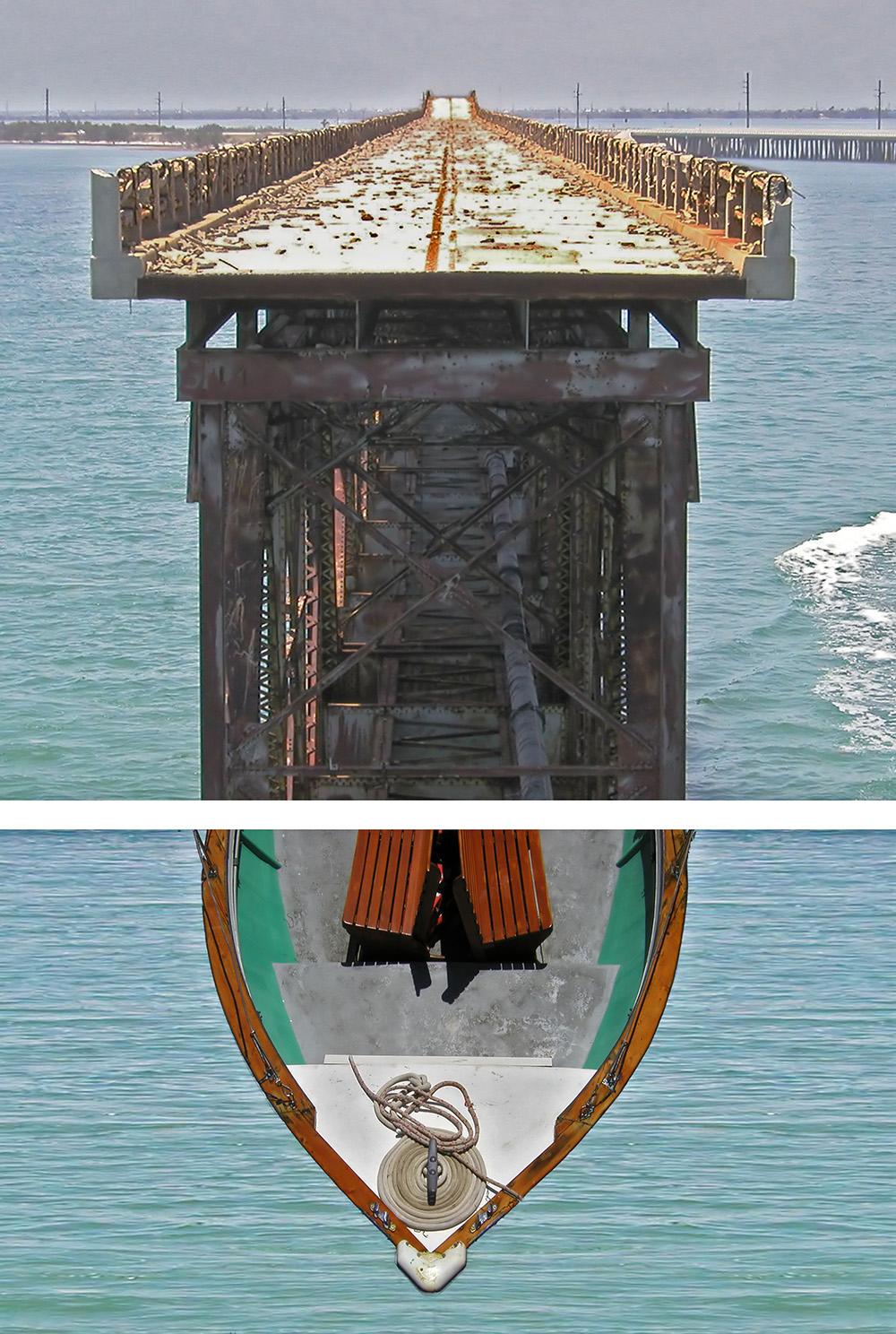 Digital diptych of two scenes with a bridge flowing into a boat.