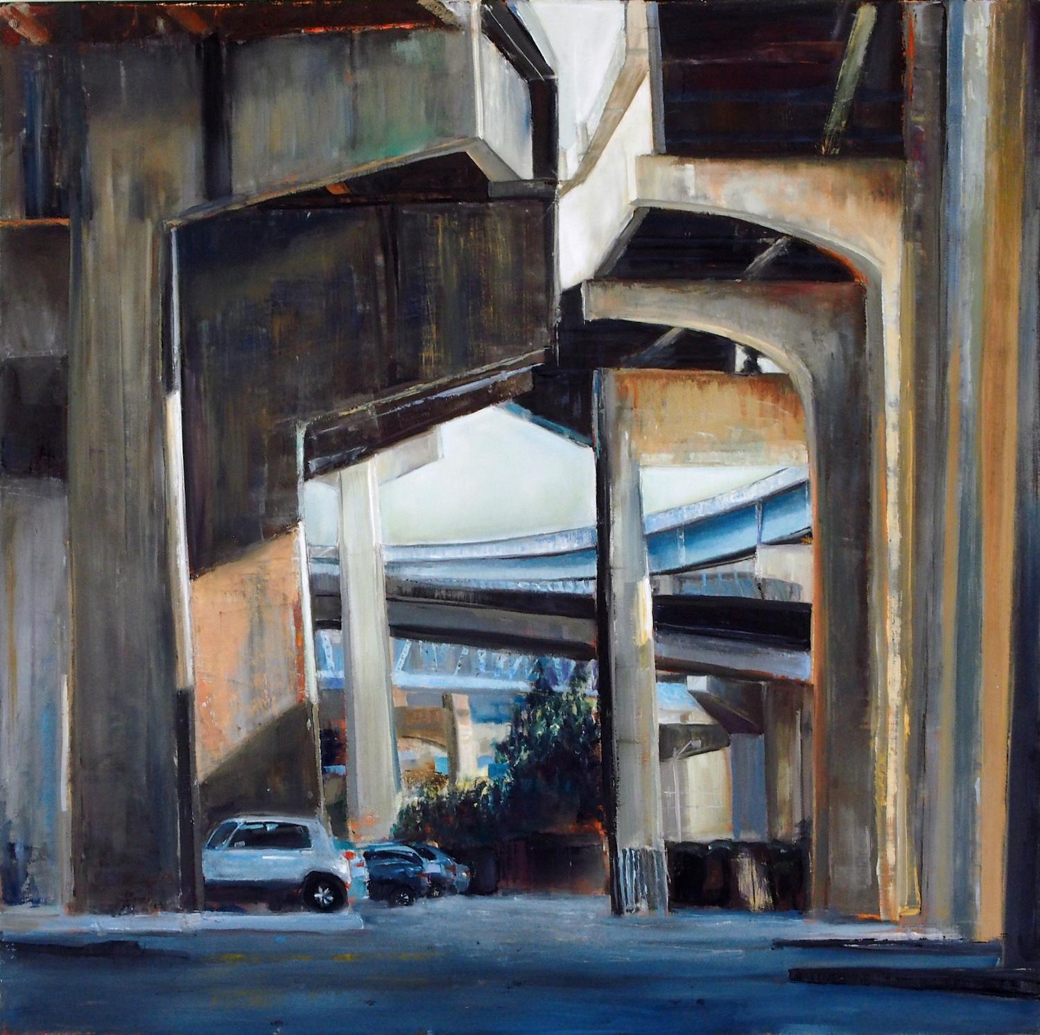Study of an underpass on Magazine street in New Orleans. The slant of the light and the supports reminded me of a cathedral. Private collection.