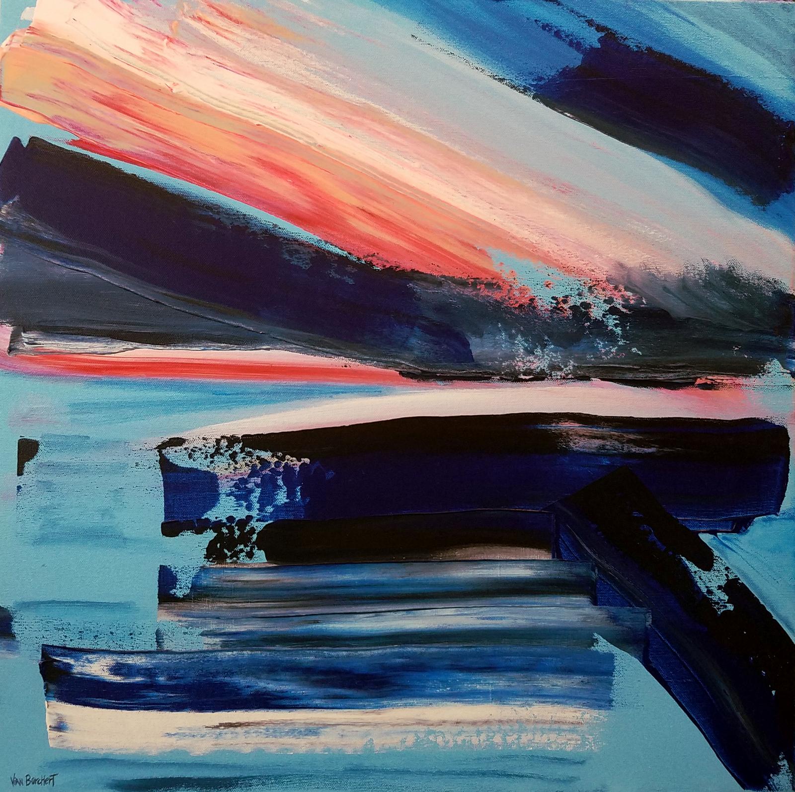 This painting titled "Spectrum" was done during quarantine and COVID-19 times. The painting depicts a take on an abstracted sunset with all its hues and tones. The painting is symbolic and metaphoric of a changing and challenging time where an escape to art seems to bring back much-needed peace.