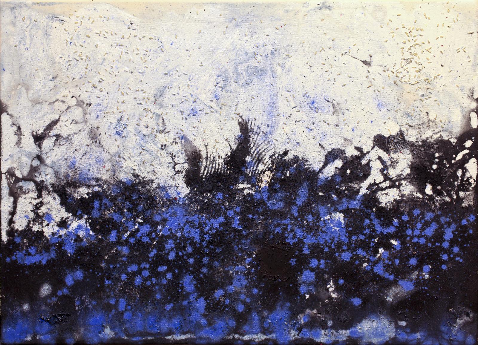 Painting: Acrylic, Rice on Canvas.
Inspired by jazz improvisation
Evokes natural forces
Painted with water, acrylic, rice and pigment applied with masonry tools, air and gravity