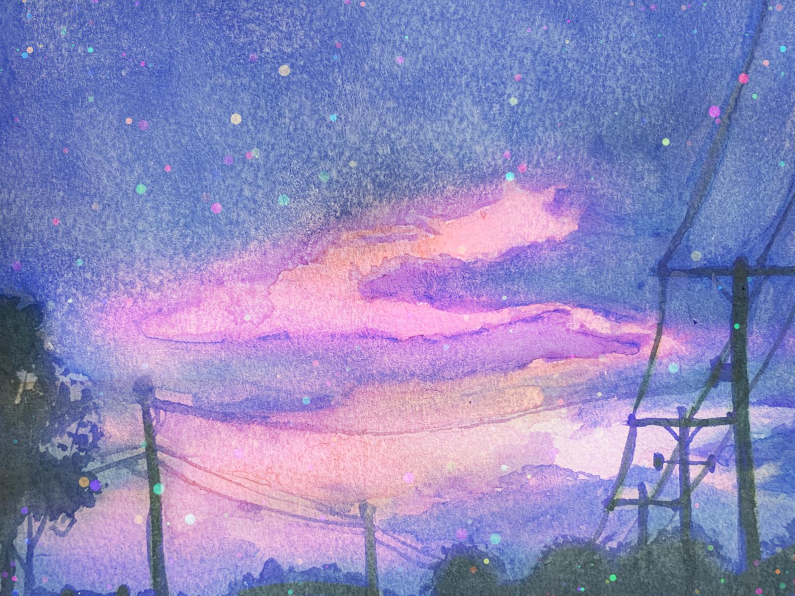 This piece started as a watercolor painting and it evolved into a digital piece with the added digital sparkles. You can purchase prints of this piece on my website.