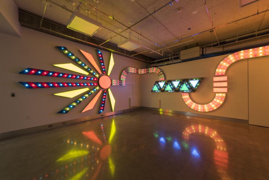 “The Serpent” is an installation designed originally for The Penn State Abington Gallery. The Fall 2017 show entitled “Integrated Carnival Energy Systems” is an experiment in creating multiple arduino controlled light systems that operate separately but work together to create the overall experience. At Penn State