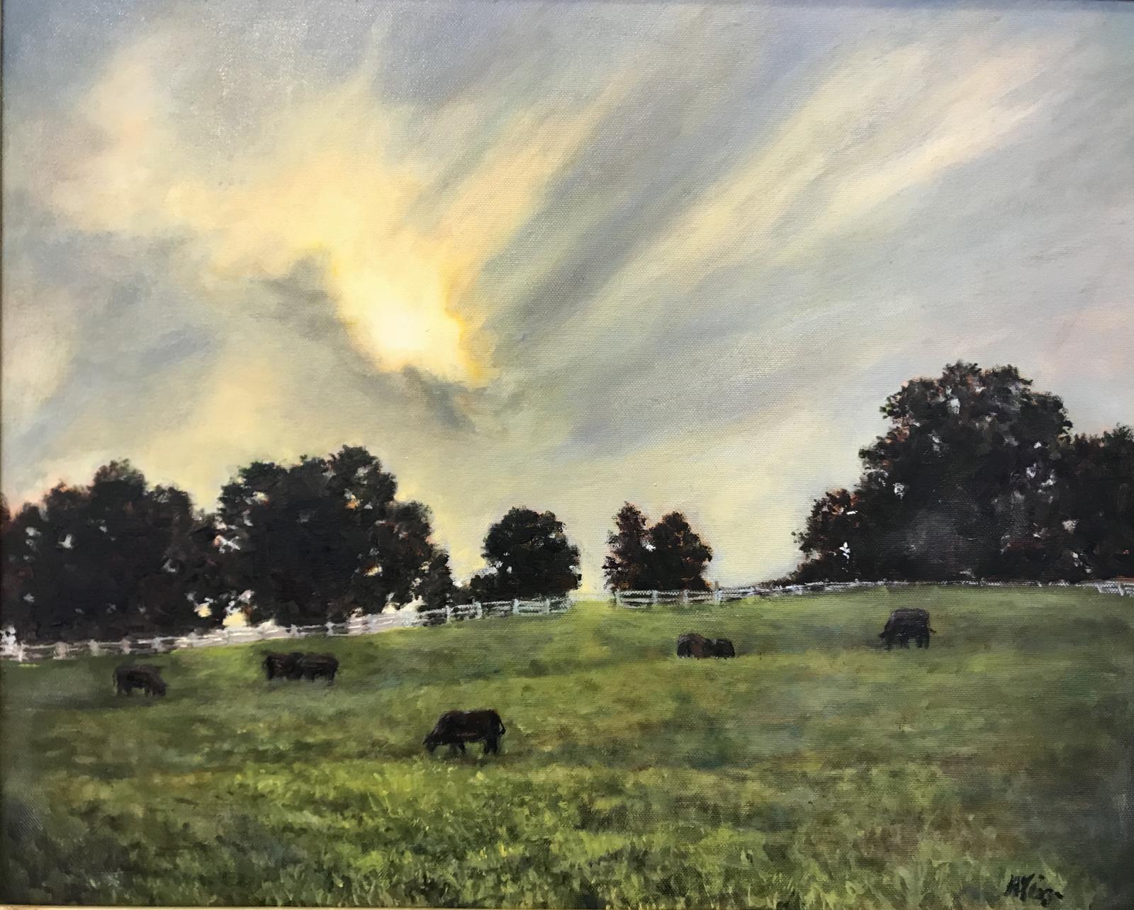 Cows grazing on a hillside while the sunlight bursts through as it’s setting.