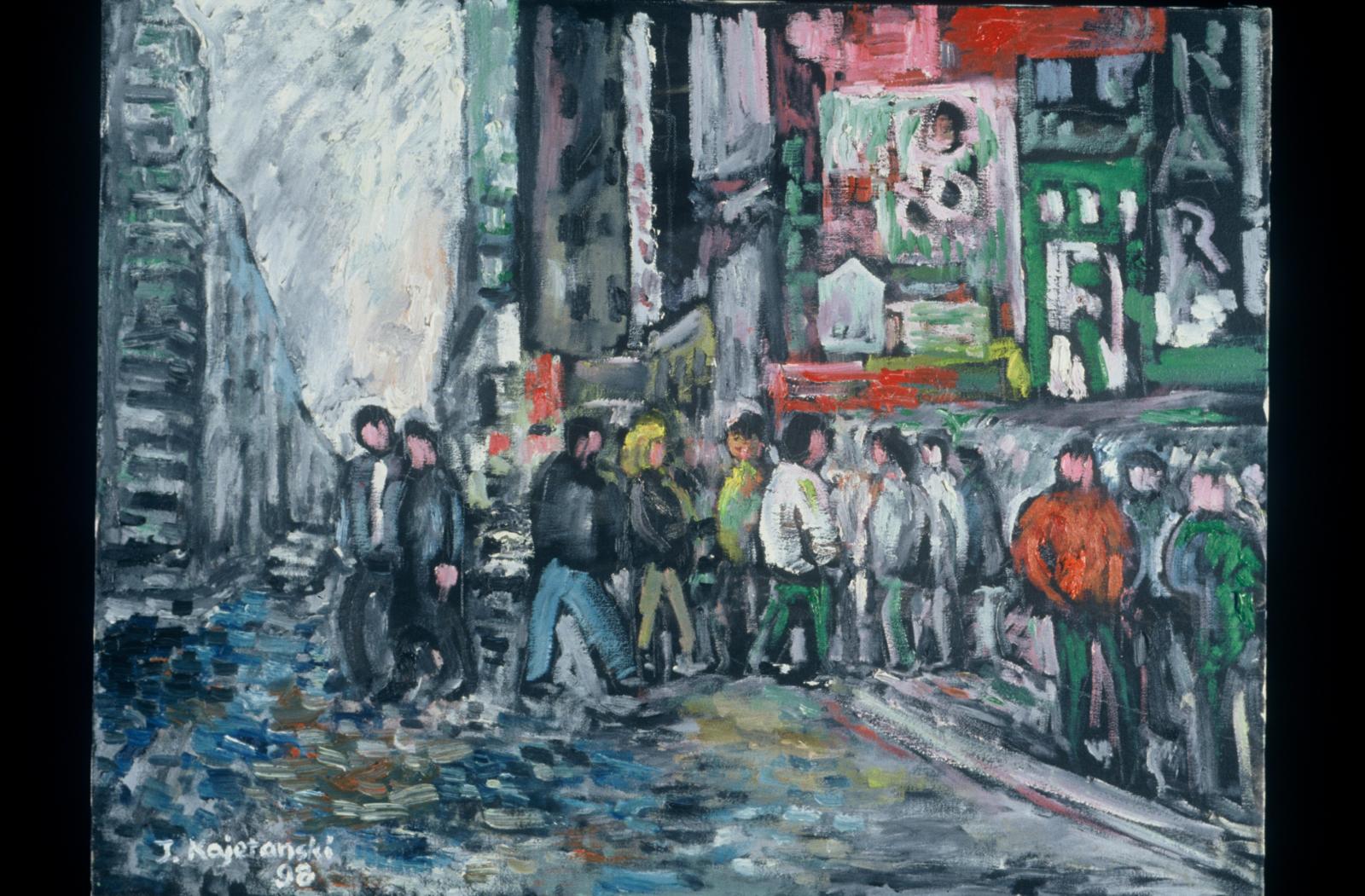 Expressionist image of people crossing Broadway. Billboards in the background. Cloudy day. 
