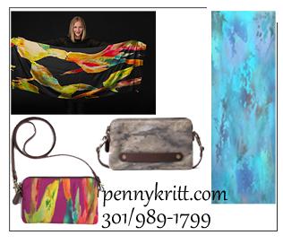 Purses in either fabric or leather. Scarves are made in cashmere, silk and modal