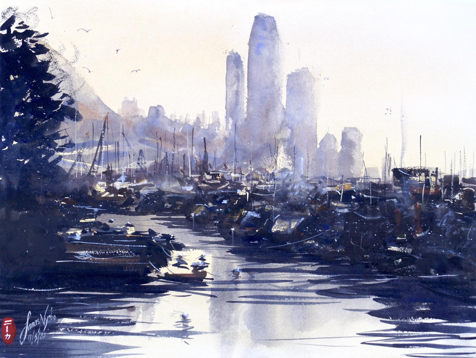 "Hong Kong is a fabulous city mixing together the old and the new," says artist James Nyika. "I wanted to superimpose both the old and new, far and near, clear and distinct - all against one another. I sought to expose the beauty of its skyscrapers against the older more fragile boats of the individual operators as a way to show how the new could not come to be without the support of the old. Which came first? - is the principal question!"