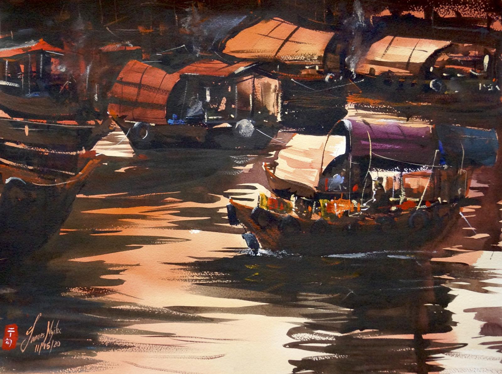 "Hong Kong and its harbors, a city juxtaposing the new and the old," says artist James Nyika. A bustling evening river scene brought to life in warm rust and orange tones. "I wanted to render the late evening feeling of watching various waterway traders zipping about selling and moving their wares about."