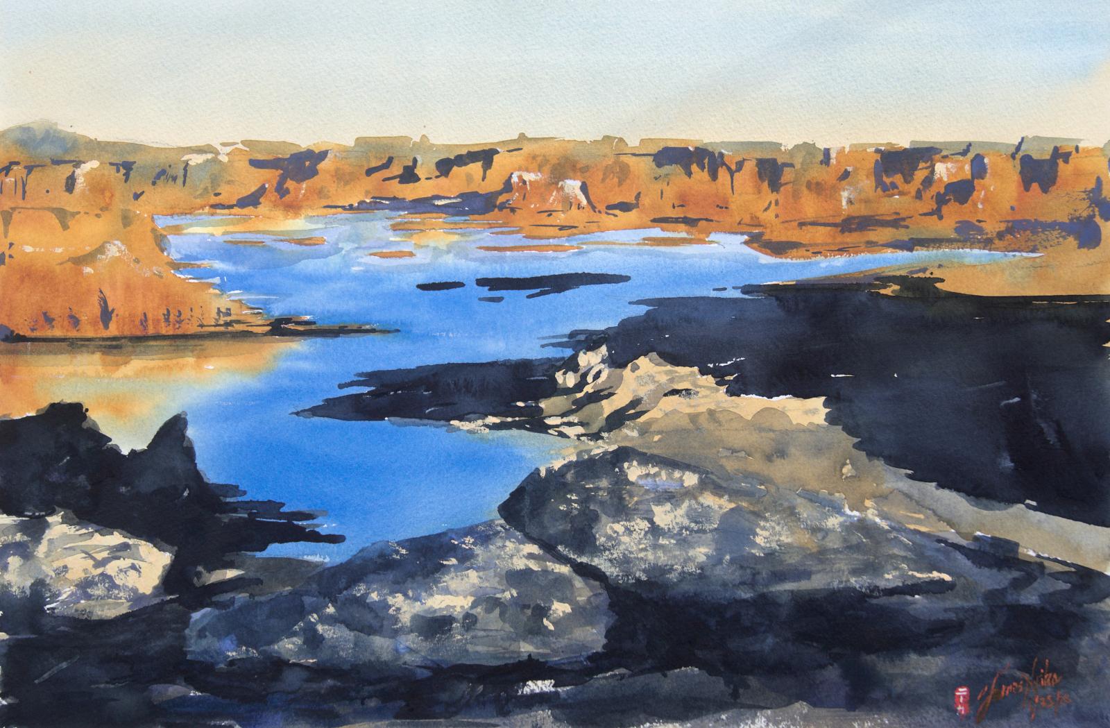 The Colorado River is a beautiful subject for any artist. In particular, its amazing rounded, bending nature is very attractive because it tends to reflect not only the sky but the surrounding valley walls with their orchres and reds. 