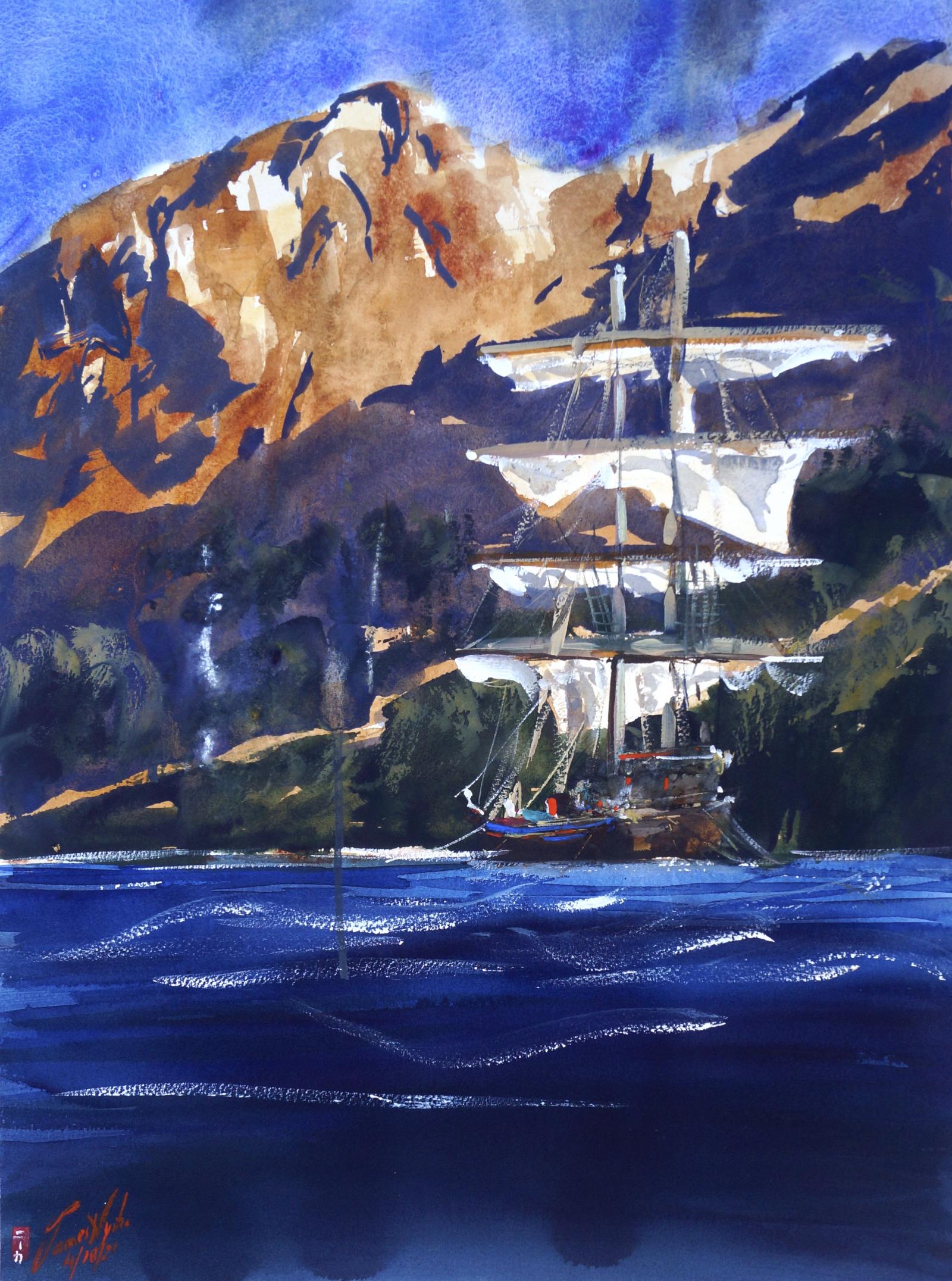 "I wanted to contemplate the awesome sight of a colonial ship, newly arrived on distant shores—and this was it!" says artist James Nyika. "I worked to depict the rich, deep colors and shadows that would permeate a newly discovered island. In this scene, a newly arrived ship has just moored off a beautiful sunkissed mountainous island."