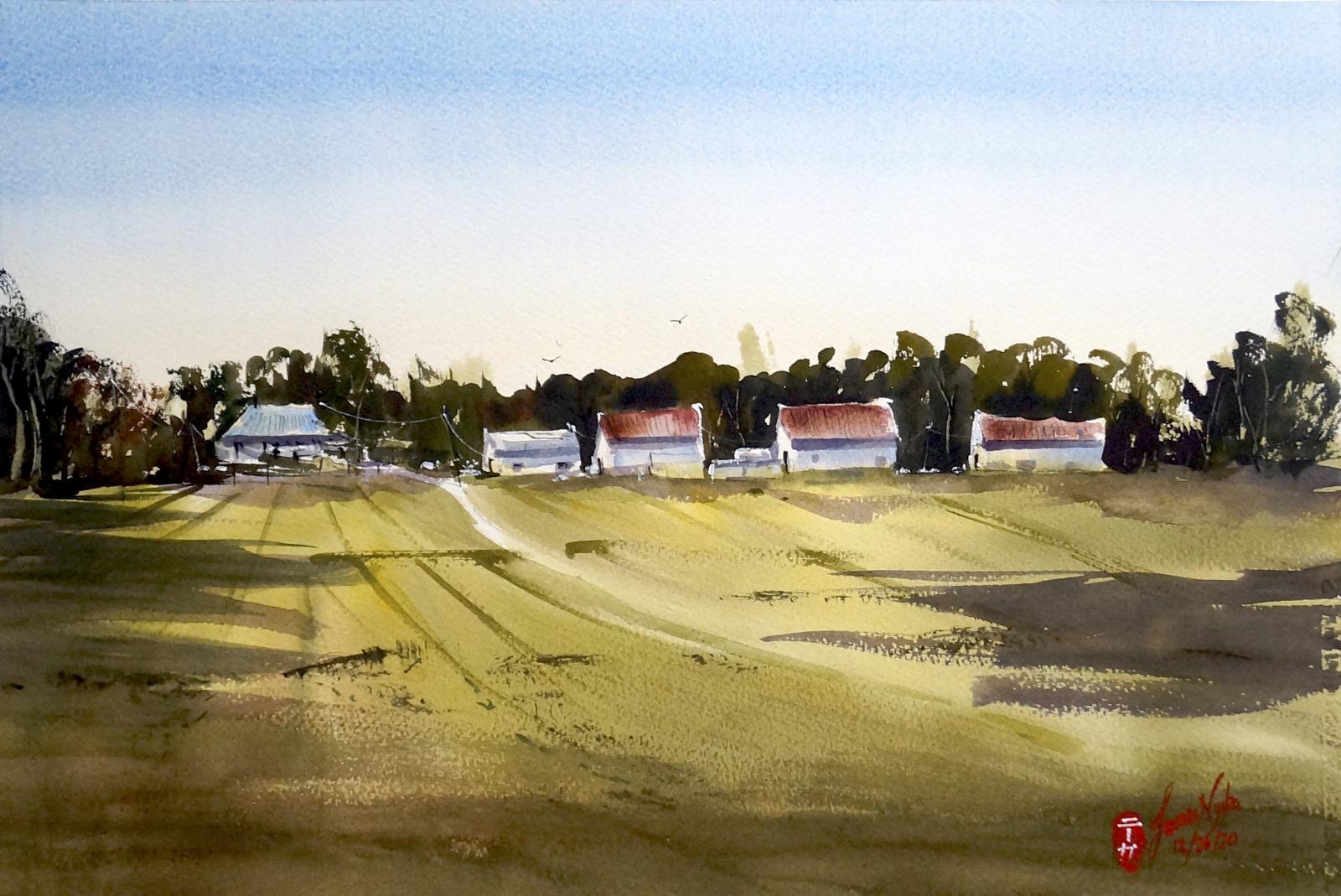 "Farmlands continue to be a source of inspiration for me," says artist James Nyika. Here, he captures the warm feeling of the early morning sun on this University of Maryland research farm. "A nice location to observe many kinds of growing crops and farm equipment, this location is bordered by beautiful trees and gentle hills."