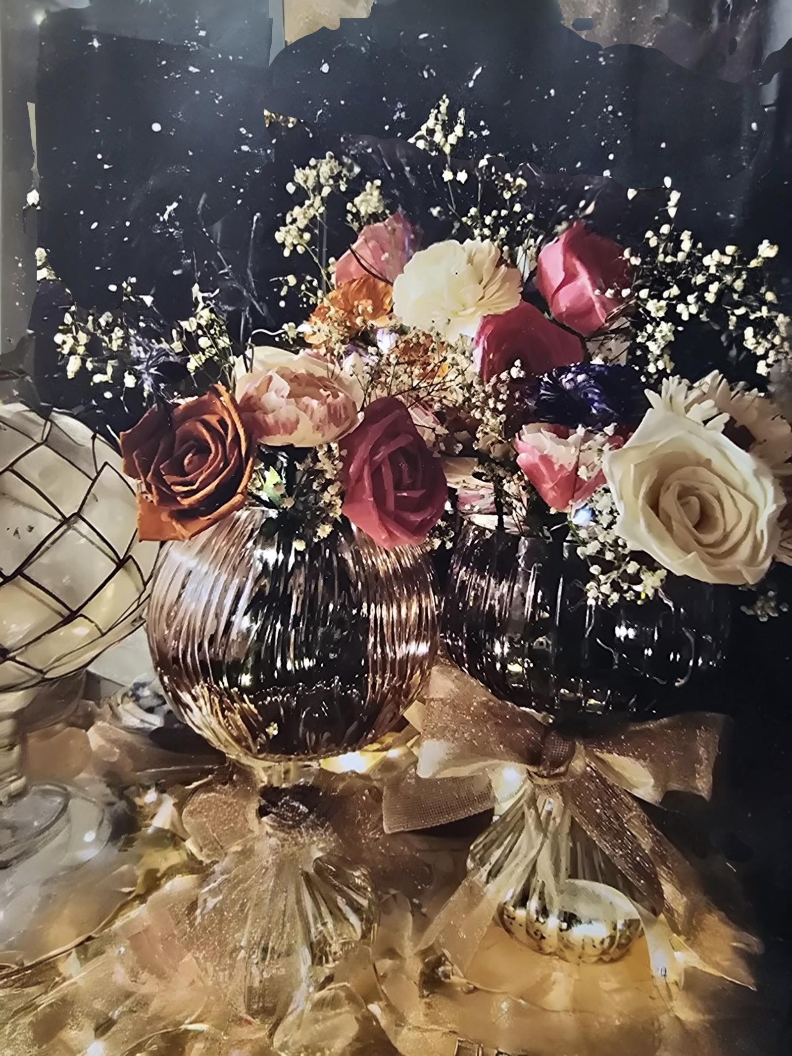 Hand painted Wood Flowers  with vase and baby breathe and lights 
